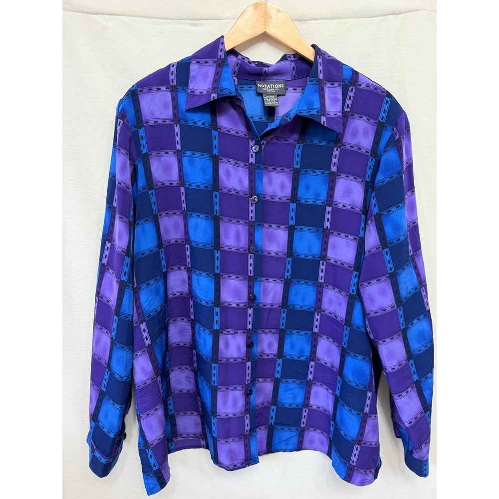 Notations Vintage Button Down Geometric Blouse Women's 18W Purple Blue Retro